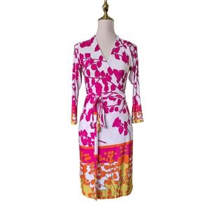 Analili Print Wrap Dress Long Sleeve Jersey Faux Wrap Pink Orange Floral Size S